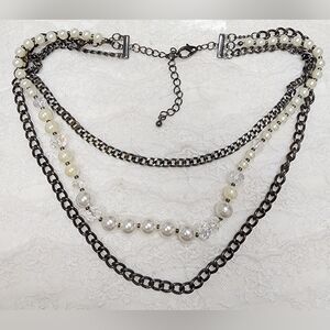Multi-Strand Necklace With Gunmetal Chains, Glass Crystal Beads And Faux Pearls